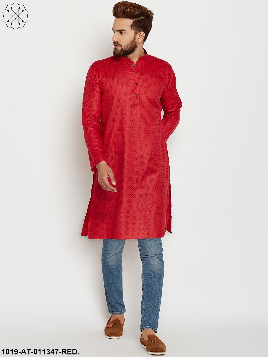 Men's Cotton Red Printed Only Long Kurta