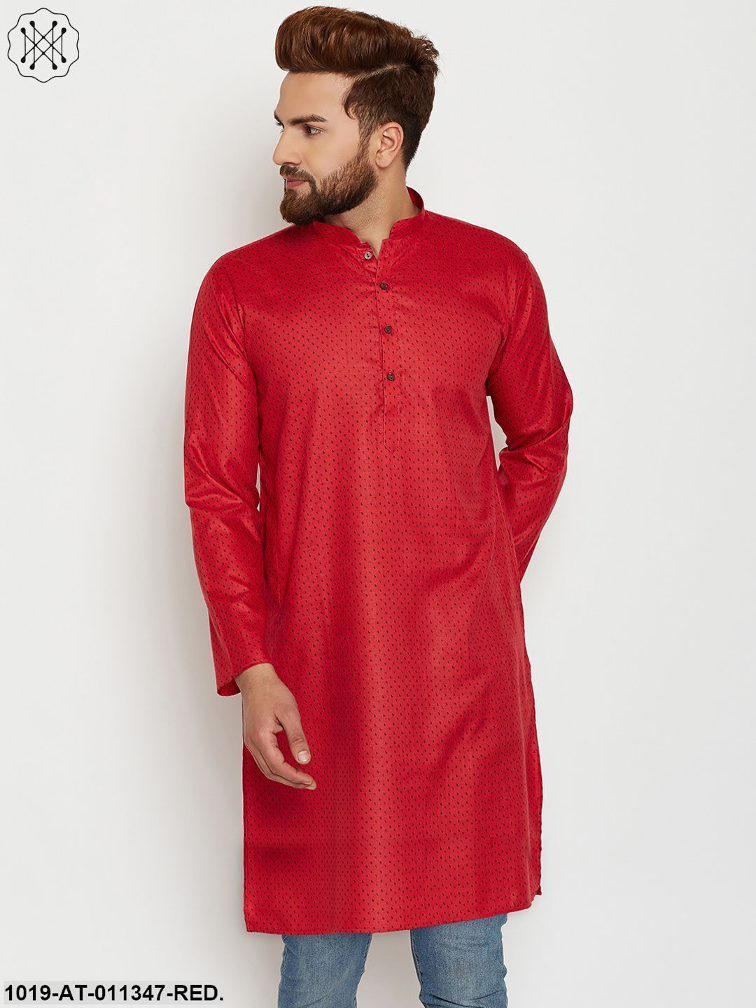 Men's Cotton Red Printed Only Long Kurta