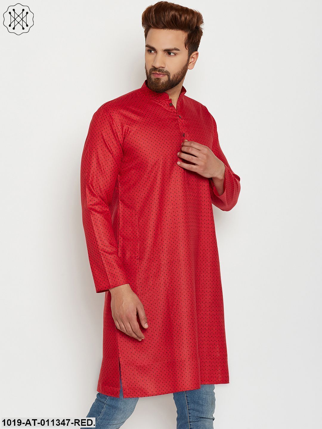 Men's Cotton Red Printed Only Long Kurta