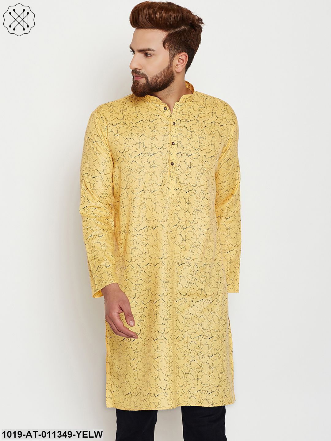 Men's Cotton Yellow Printed Only Long Kurta