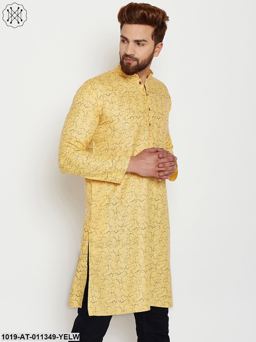 Men's Cotton Yellow Printed Only Long Kurta
