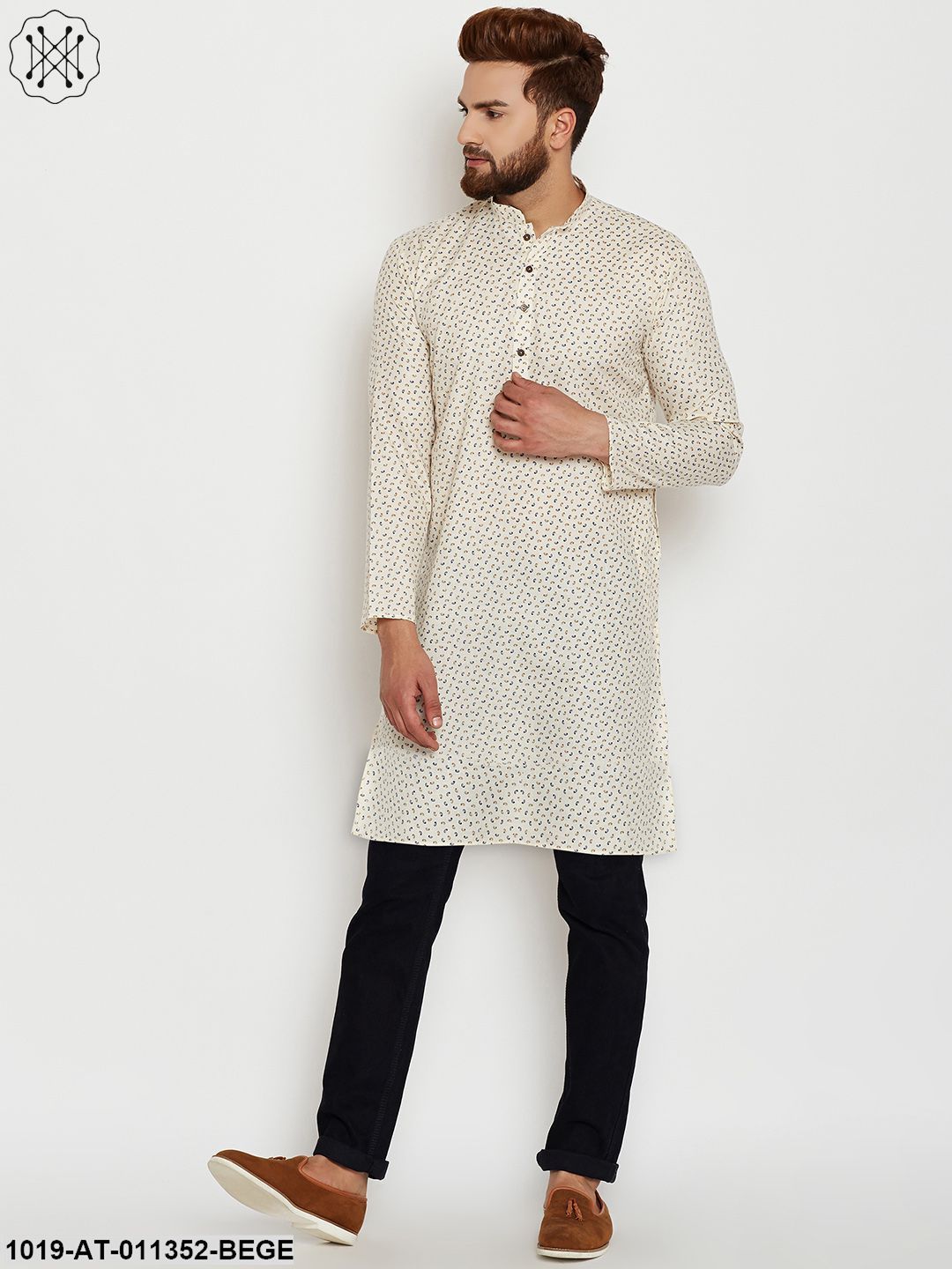 Men's Cotton Beige Printed Only Long Kurta