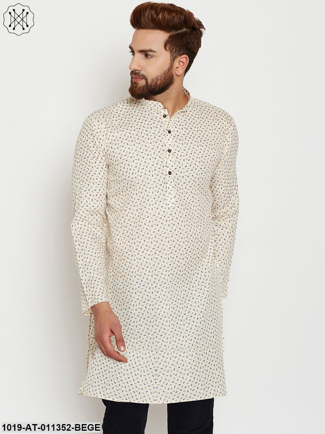 Men's Cotton Beige Printed Only Long Kurta