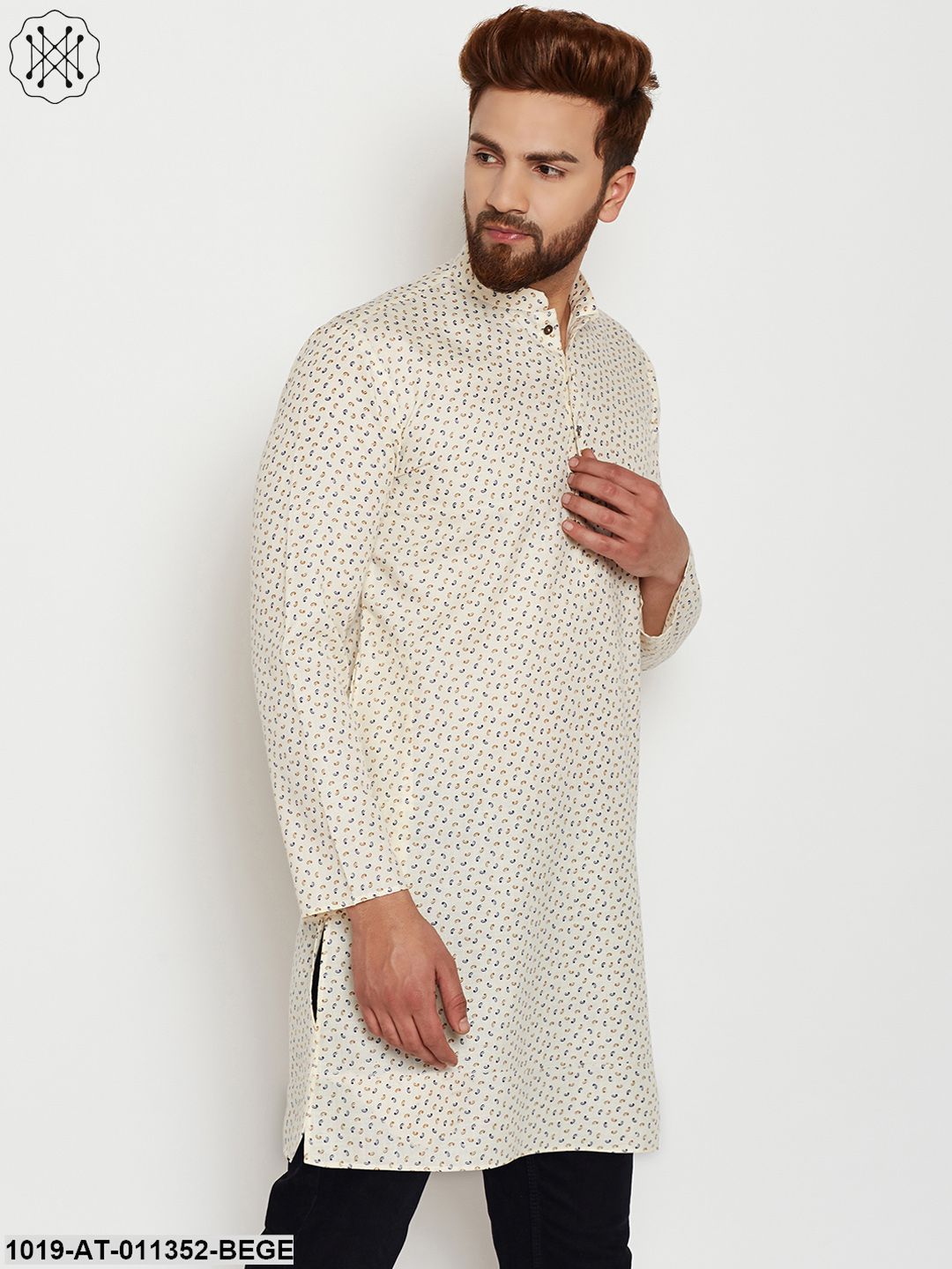 Men's Cotton Beige Printed Only Long Kurta