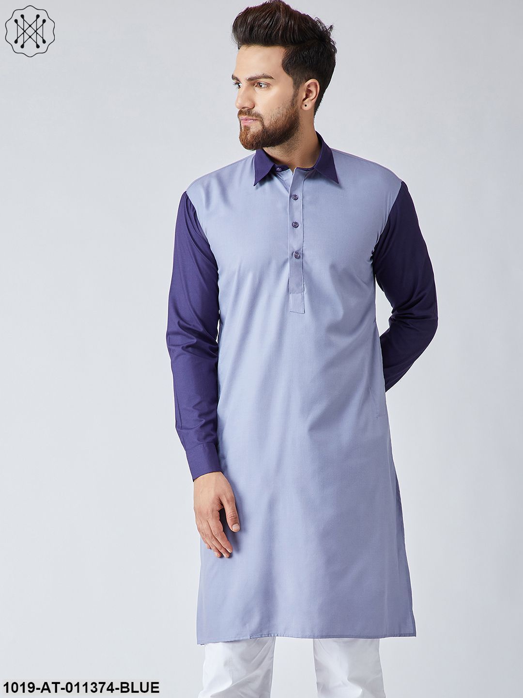 Men's Cotton Grey & Navy Blue Only Long Kurta