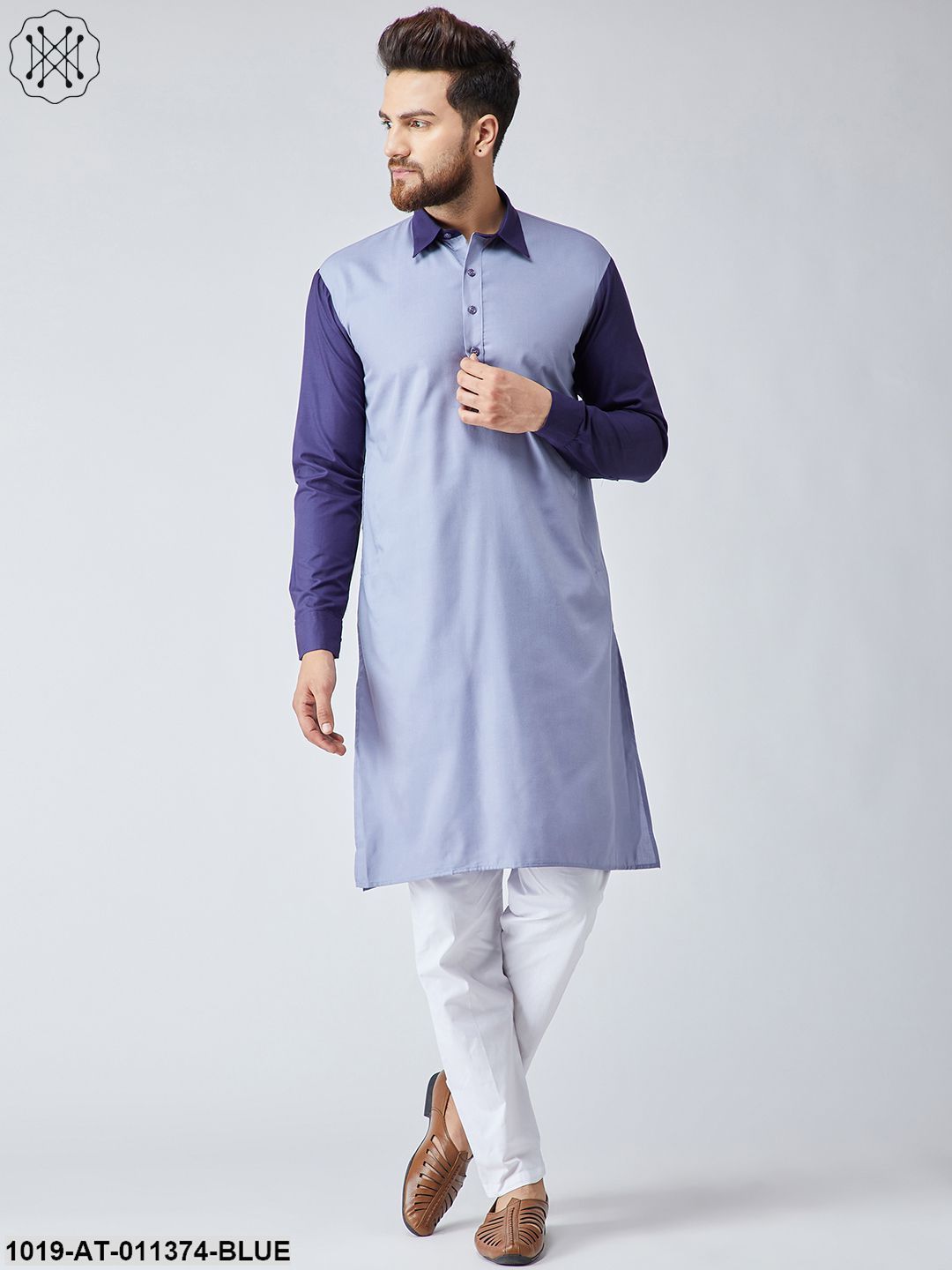 Men's Cotton Grey & Navy Blue Only Long Kurta