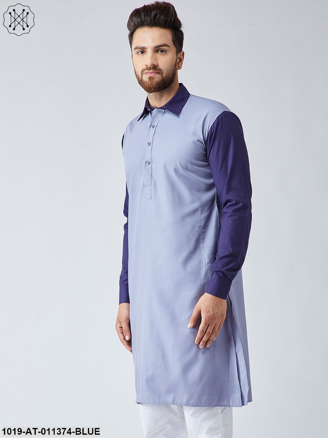 Men's Cotton Grey & Navy Blue Only Long Kurta