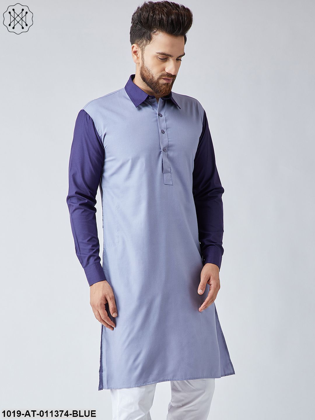 Men's Cotton Grey & Navy Blue Only Long Kurta