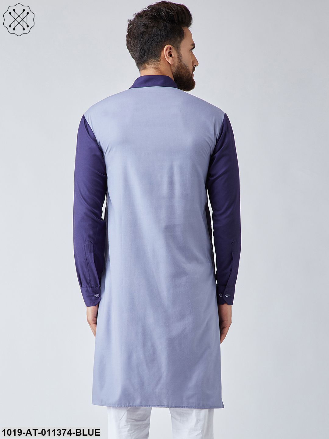 Men's Cotton Grey & Navy Blue Only Long Kurta