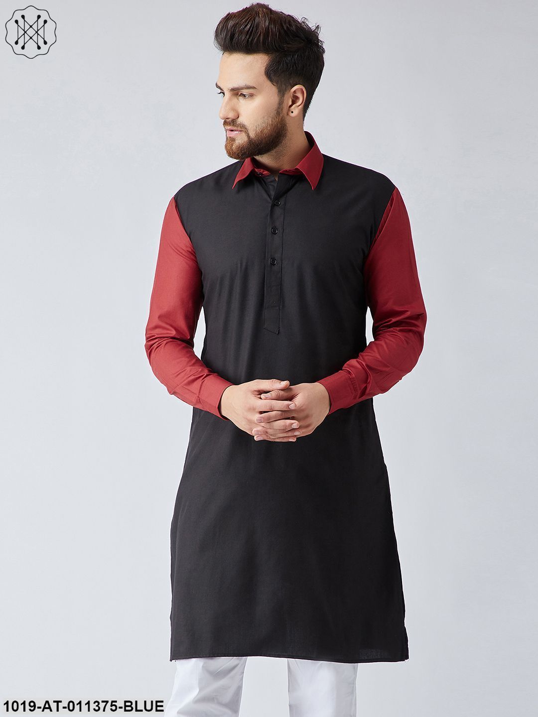 Men's Cotton Navy Blue & Light Grey Only Long Kurta