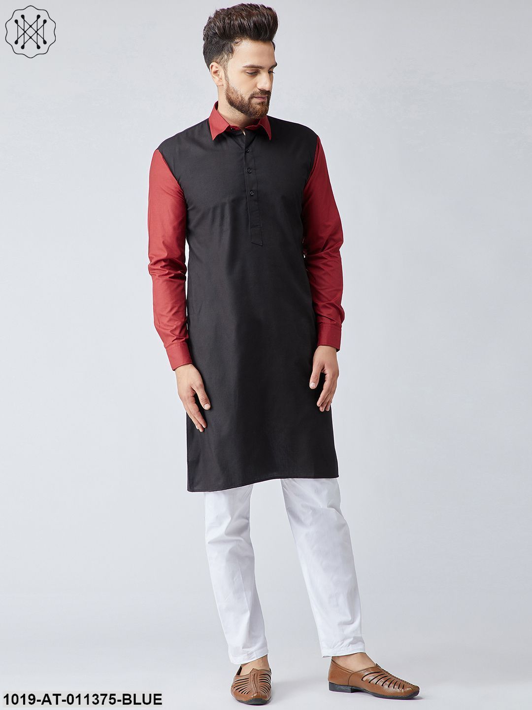 Men's Cotton Navy Blue & Light Grey Only Long Kurta
