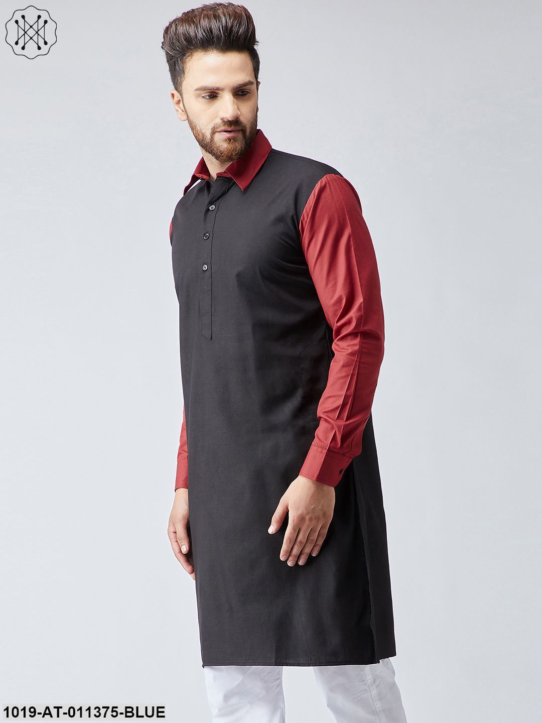 Men's Cotton Navy Blue & Light Grey Only Long Kurta