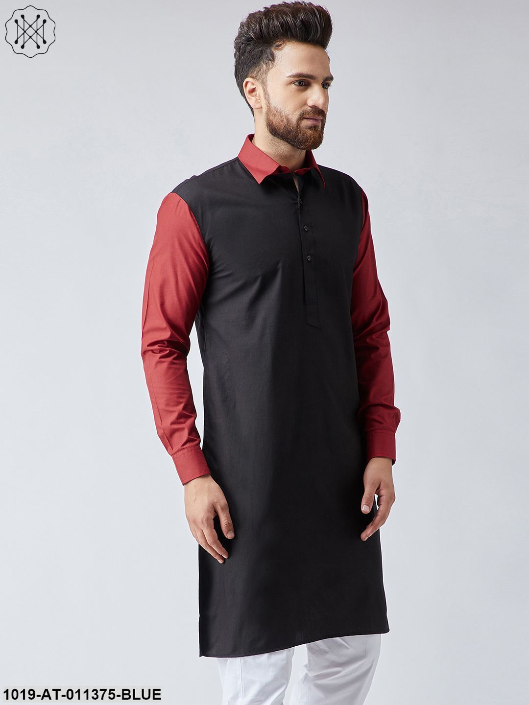 Men's Cotton Navy Blue & Light Grey Only Long Kurta