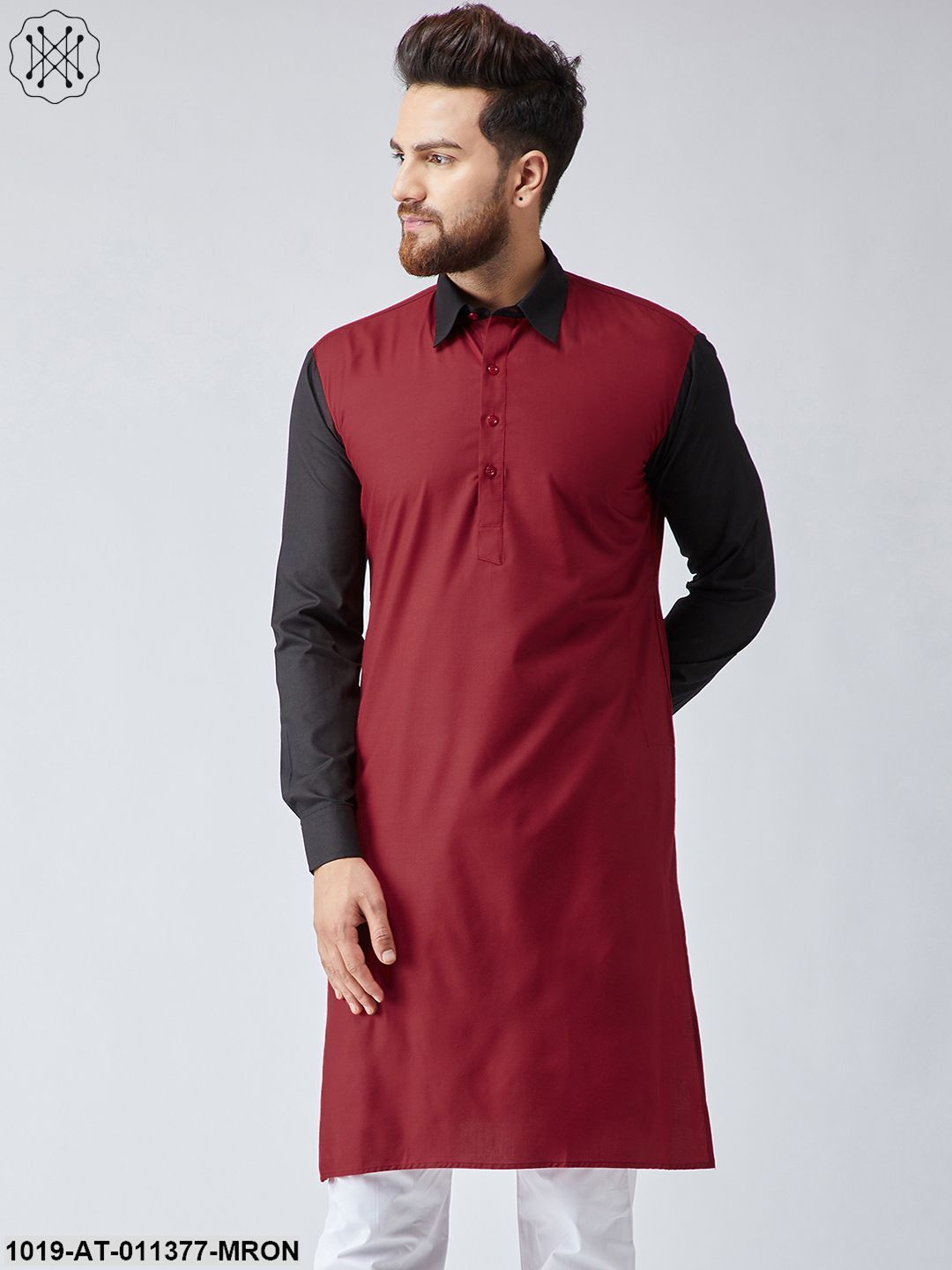 Men's Cotton Maroon & Black Only Long Kurta