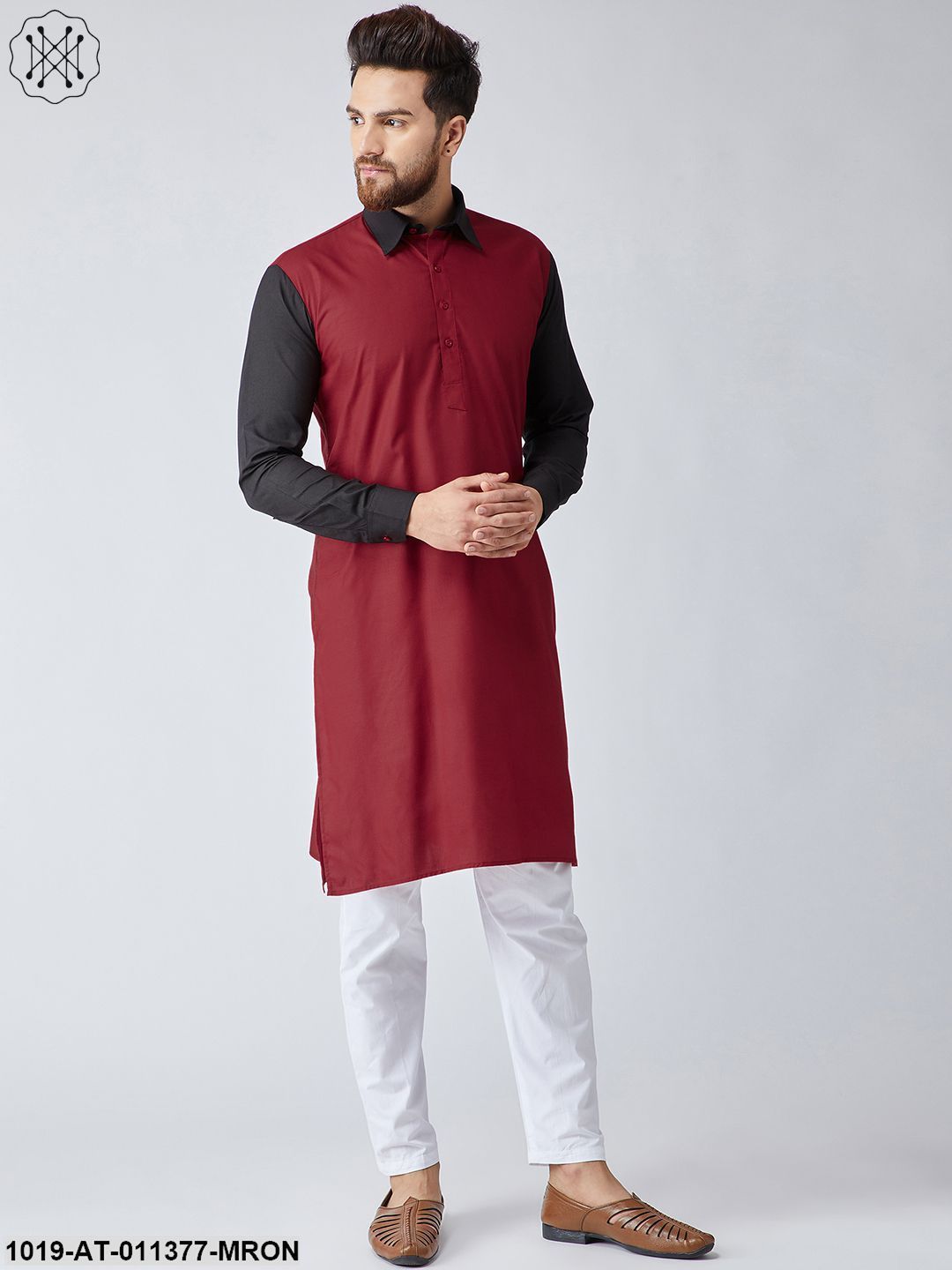 Men's Cotton Maroon & Black Only Long Kurta