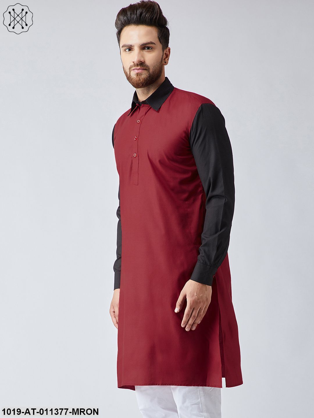 Men's Cotton Maroon & Black Only Long Kurta
