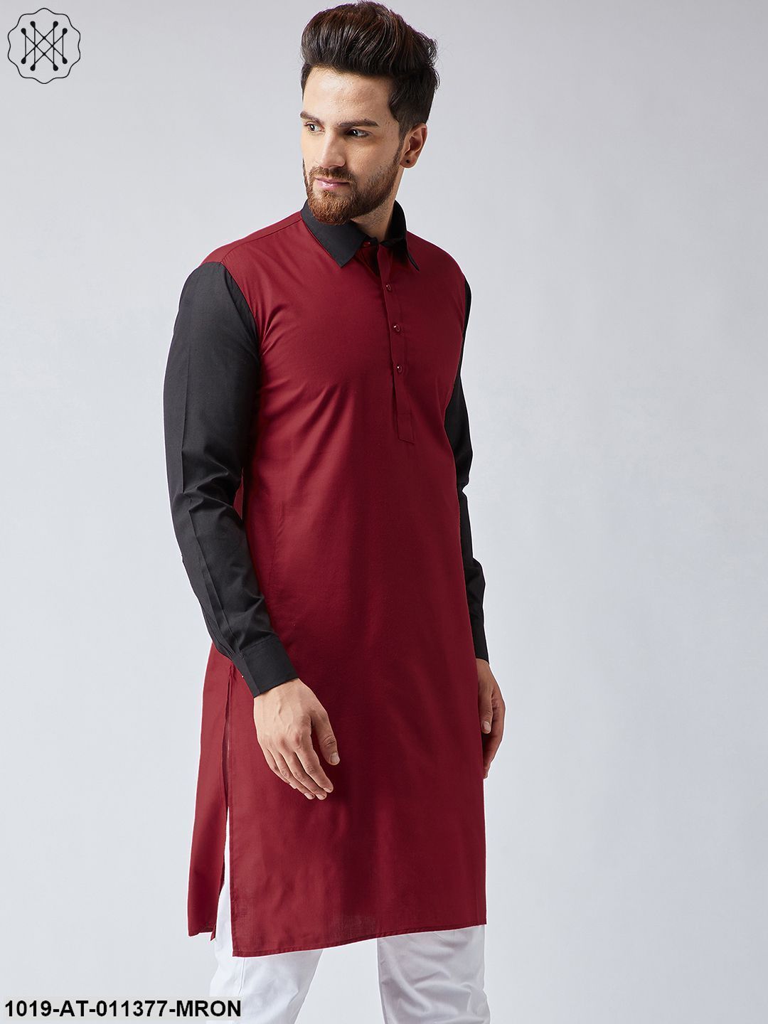 Men's Cotton Maroon & Black Only Long Kurta