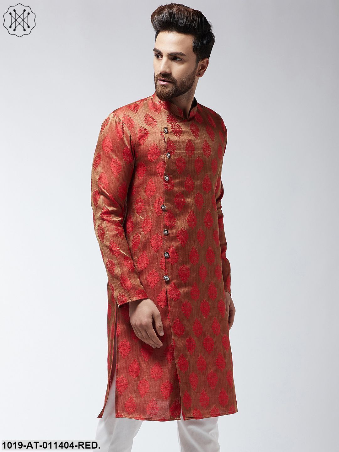 Men's Jacquard Silk Red Printed Only Long Kurta - Sojanya