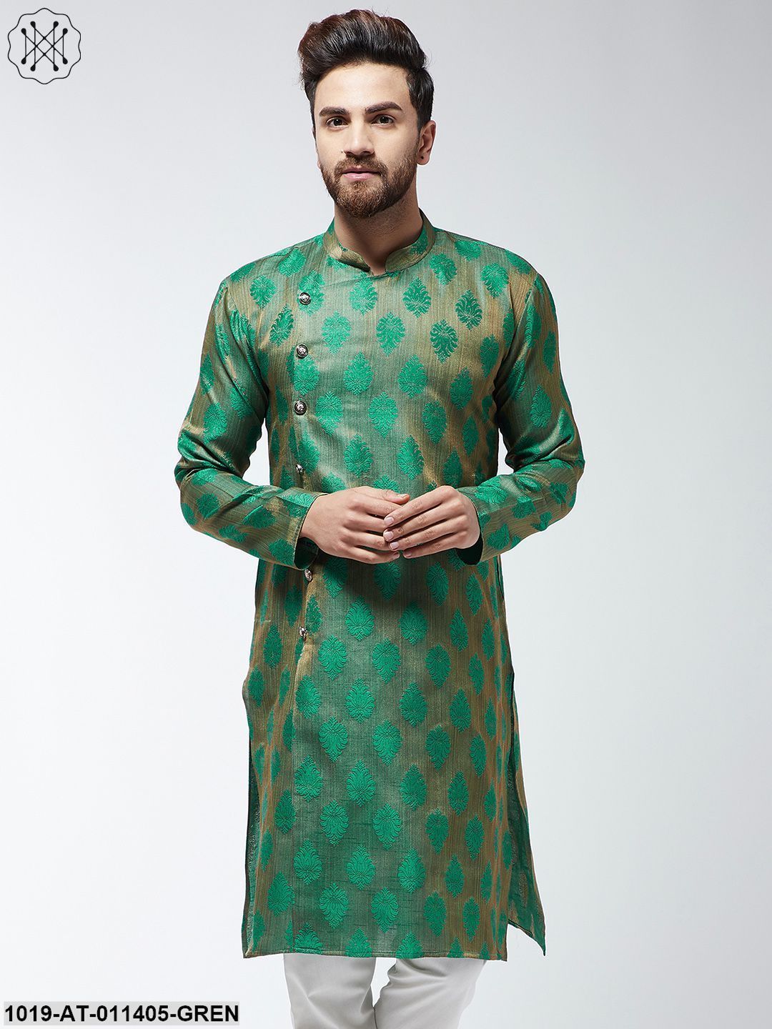 Men's Jacquard Silk Dark Green Printed Only Long Kurta