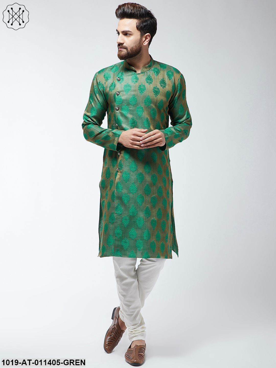 Men's Jacquard Silk Dark Green Printed Only Long Kurta