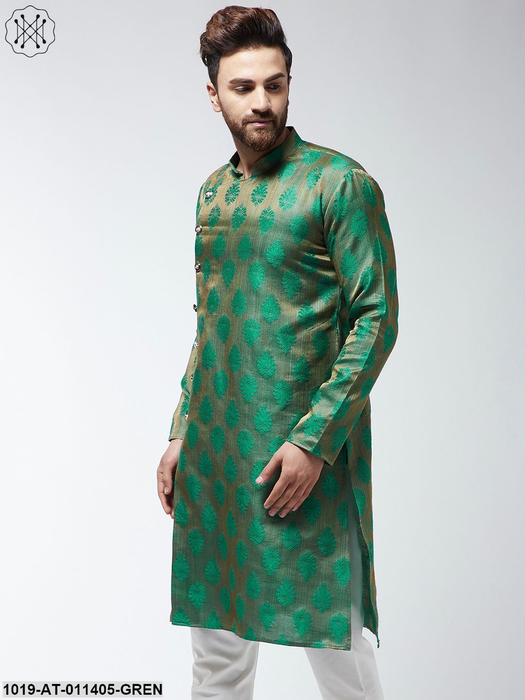 Men's Jacquard Silk Dark Green Printed Only Long Kurta