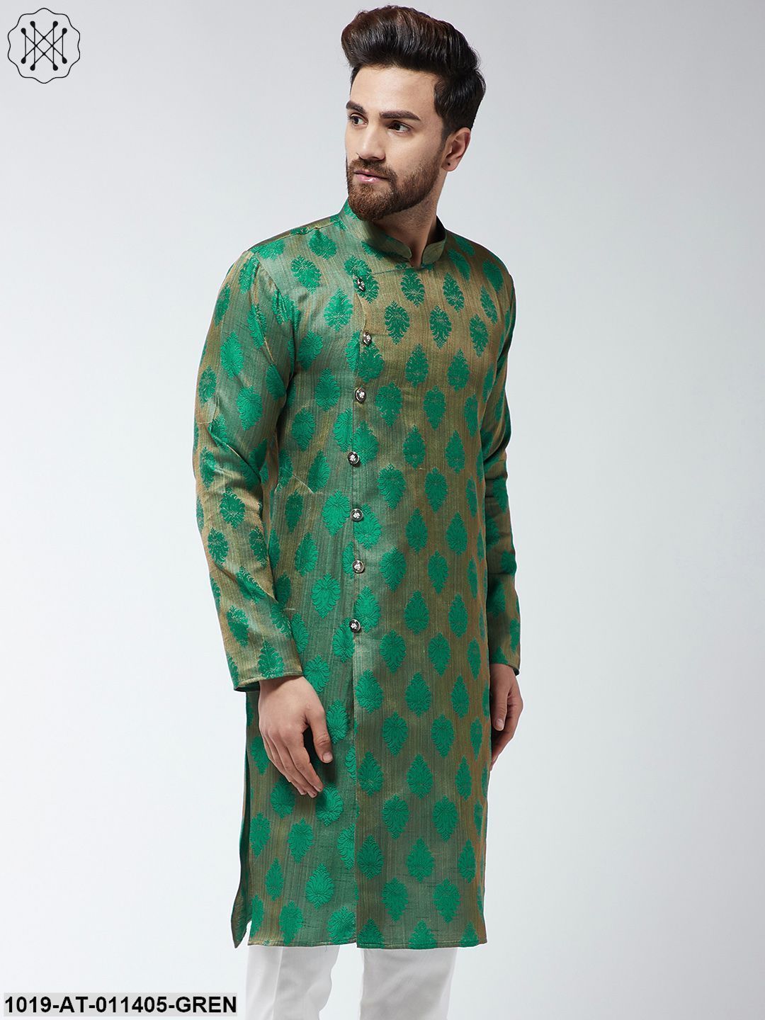 Men's Jacquard Silk Dark Green Printed Only Long Kurta