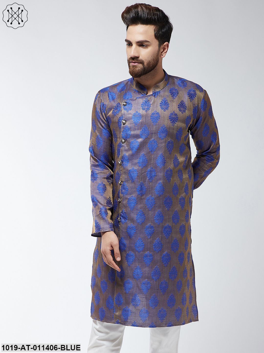 Men's Jacquard Silk Blue Printed Only Long Kurta