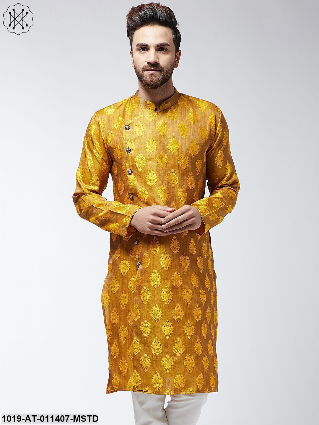 Men's Jacquard Silk Mustard Printed Only Long Kurta