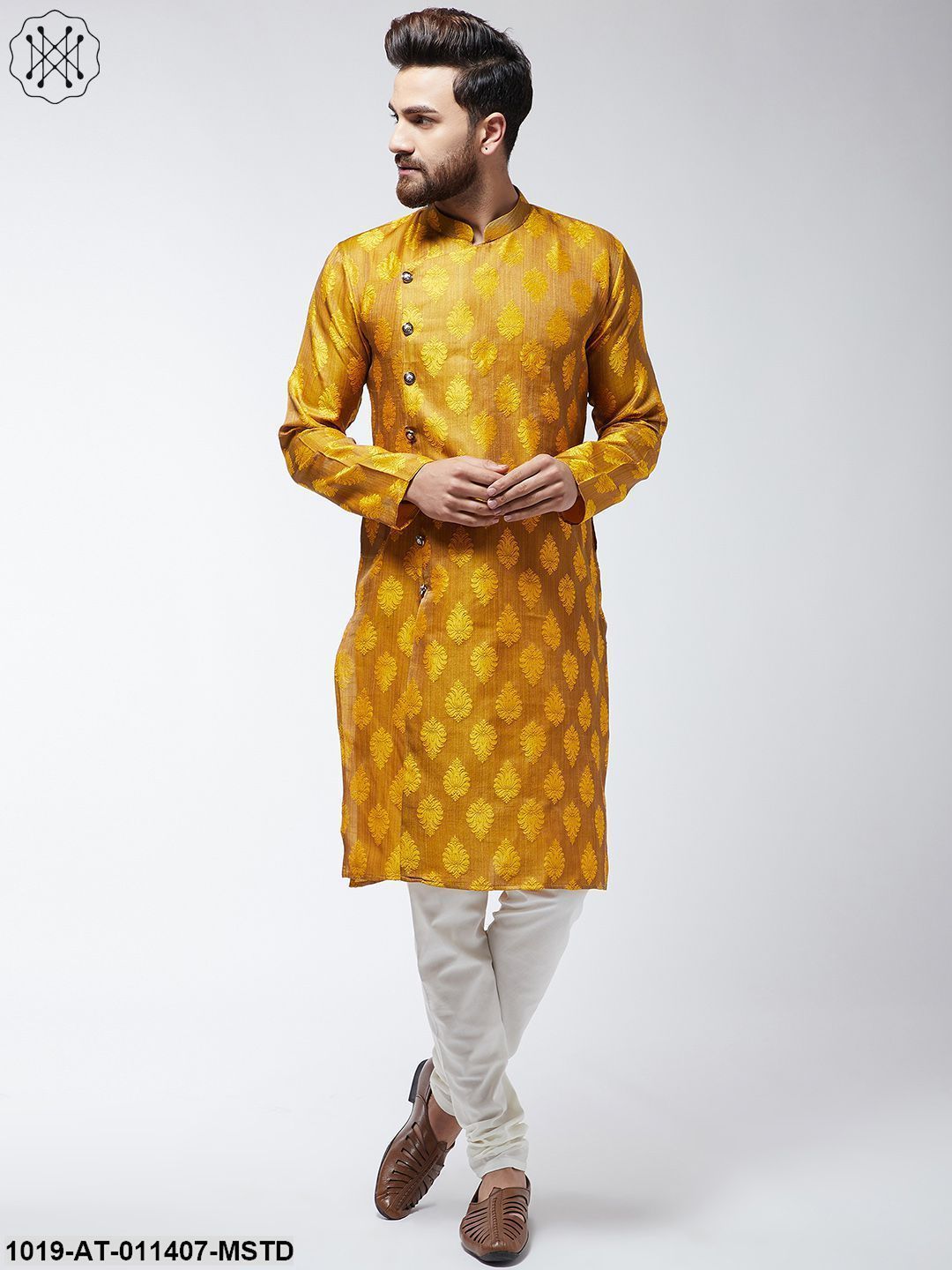 Men's Jacquard Silk Mustard Printed Only Long Kurta