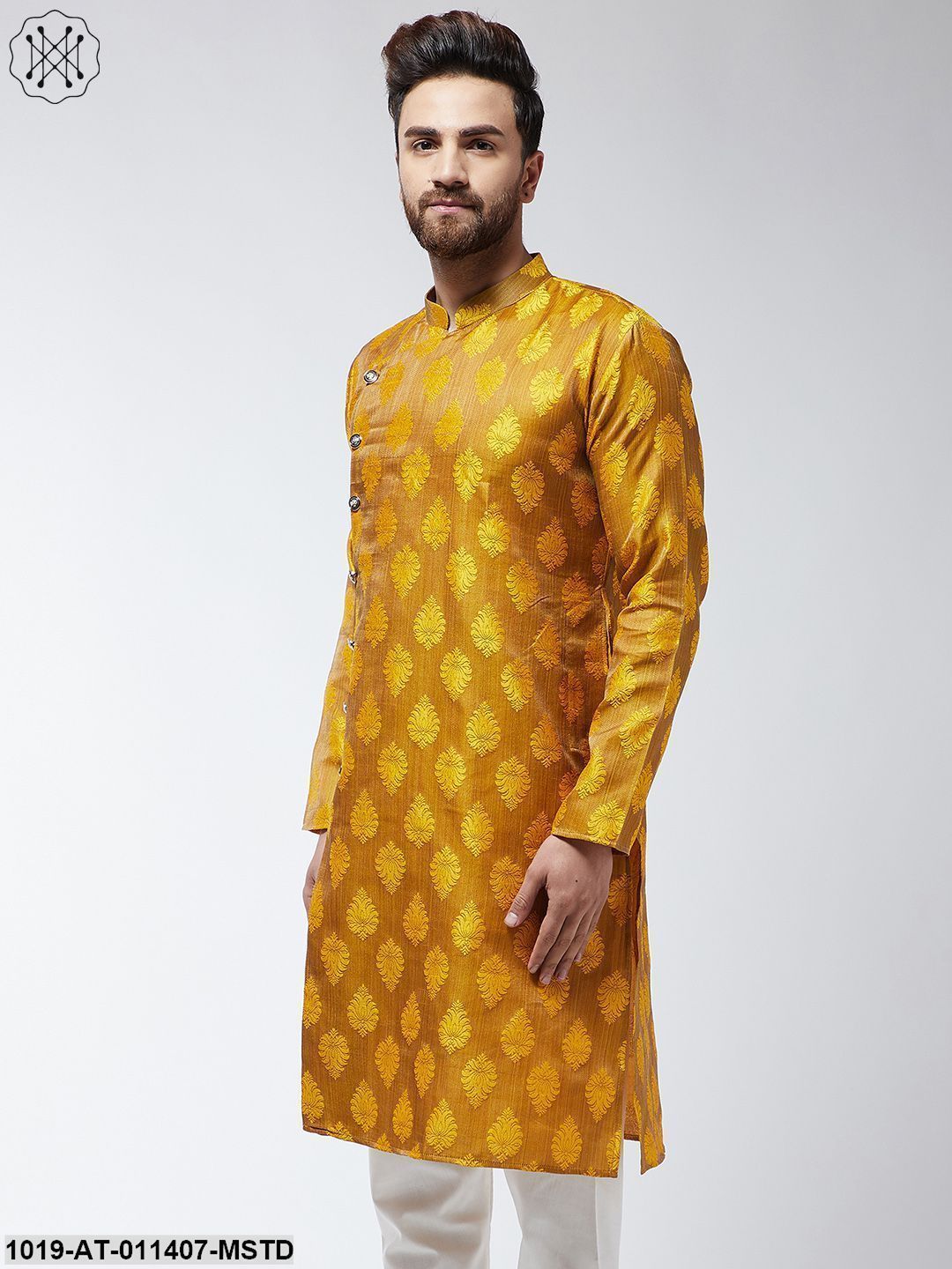 Men's Jacquard Silk Mustard Printed Only Long Kurta