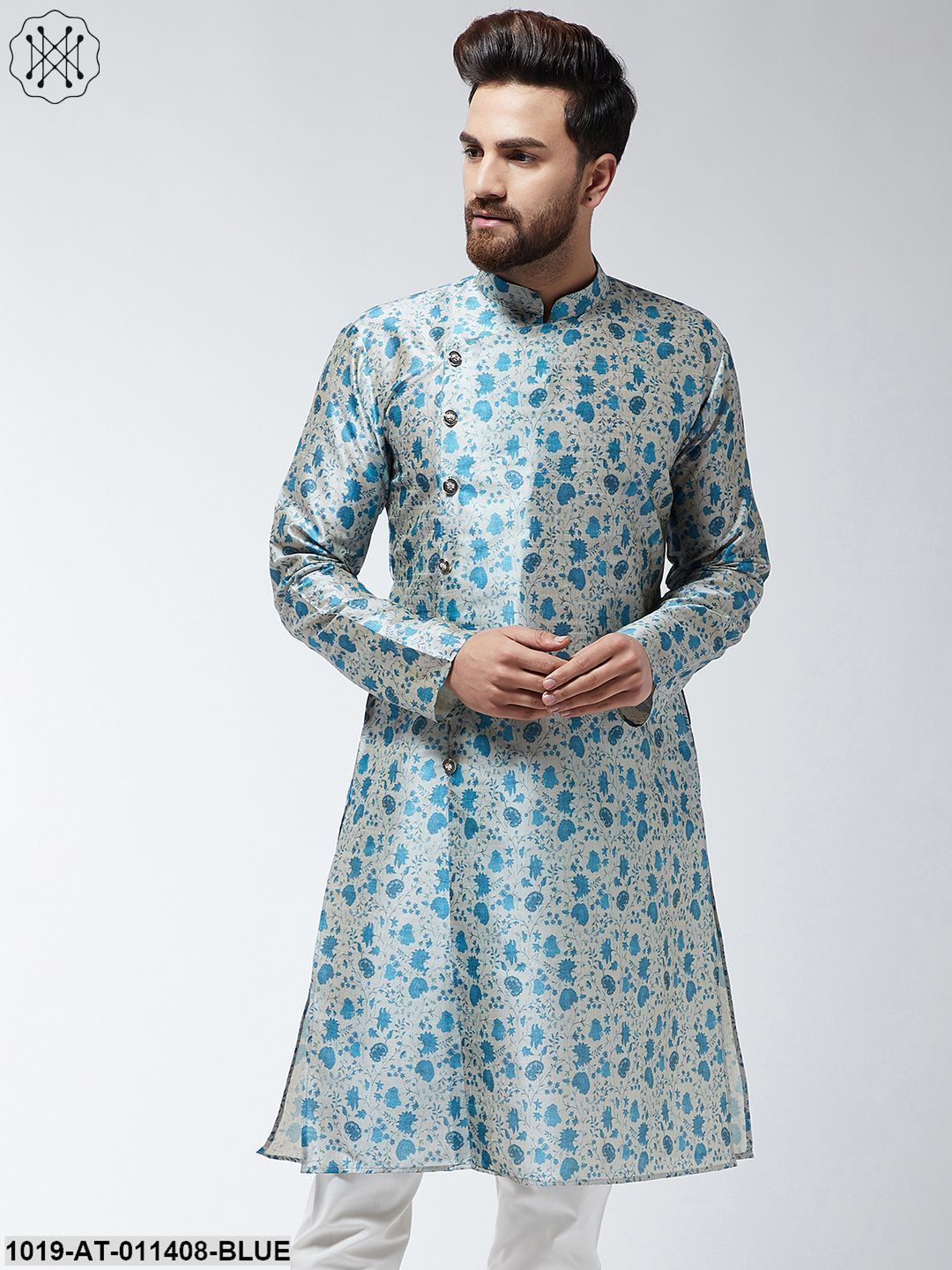 Men's Silk Blend Blue Printed Only Long Kurta