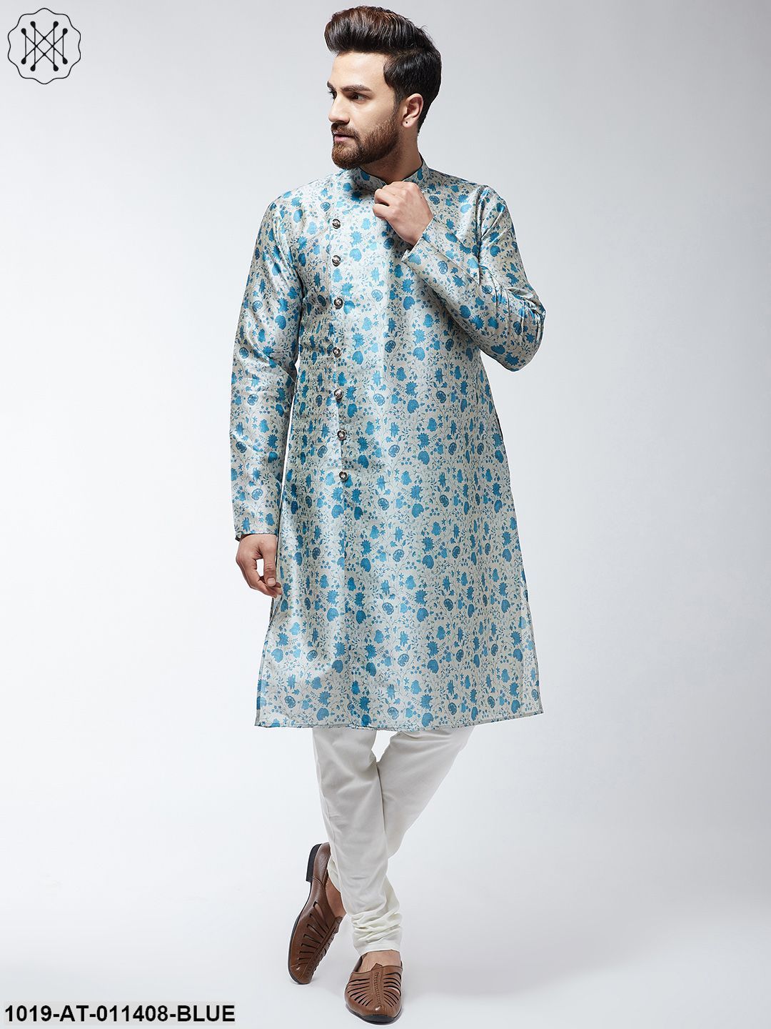 Men's Silk Blend Blue Printed Only Long Kurta