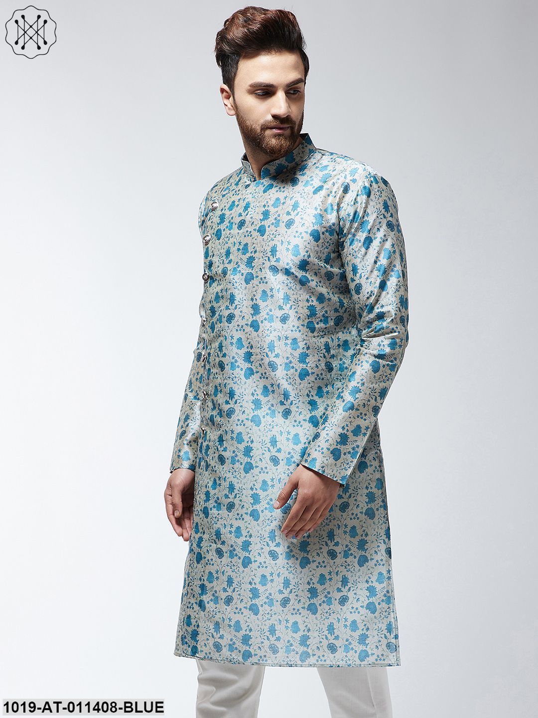 Men's Silk Blend Blue Printed Only Long Kurta