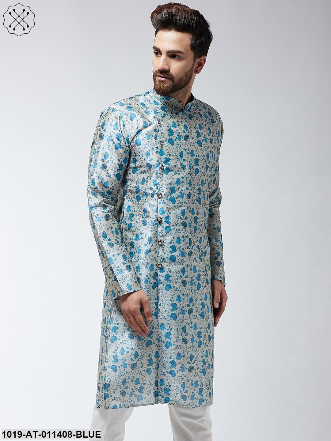 Men's Silk Blend Blue Printed Only Long Kurta