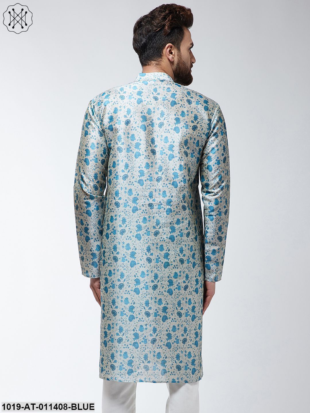Men's Silk Blend Blue Printed Only Long Kurta