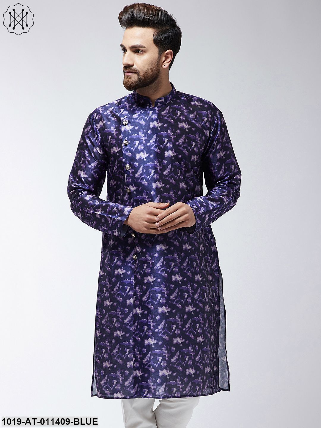 Men's Silk Blend Navy Blue Printed Only Long Kurta