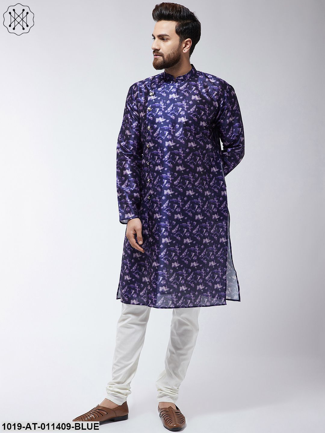 Men's Silk Blend Navy Blue Printed Only Long Kurta