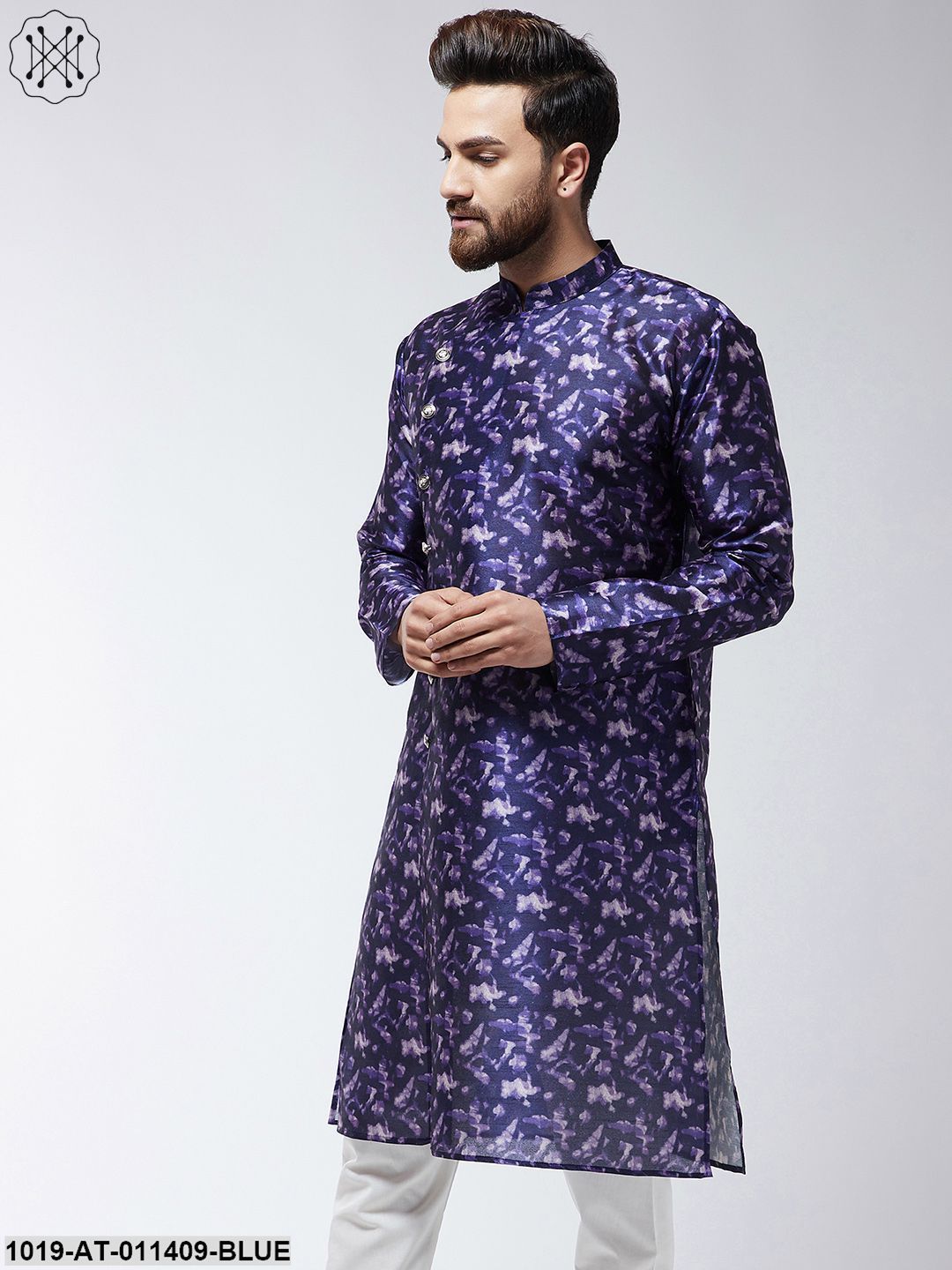 Men's Silk Blend Navy Blue Printed Only Long Kurta