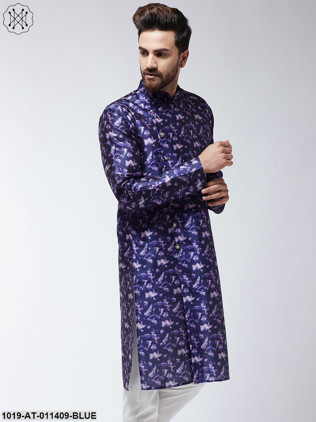 Men's Silk Blend Navy Blue Printed Only Long Kurta