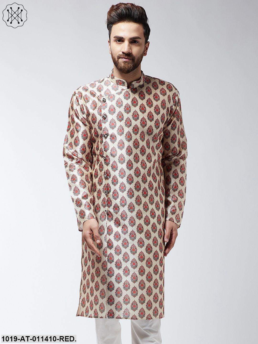Men's Silk Blend Red Printed Only Long Kurta