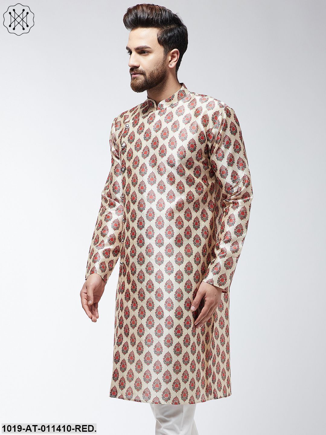 Men's Silk Blend Red Printed Only Long Kurta