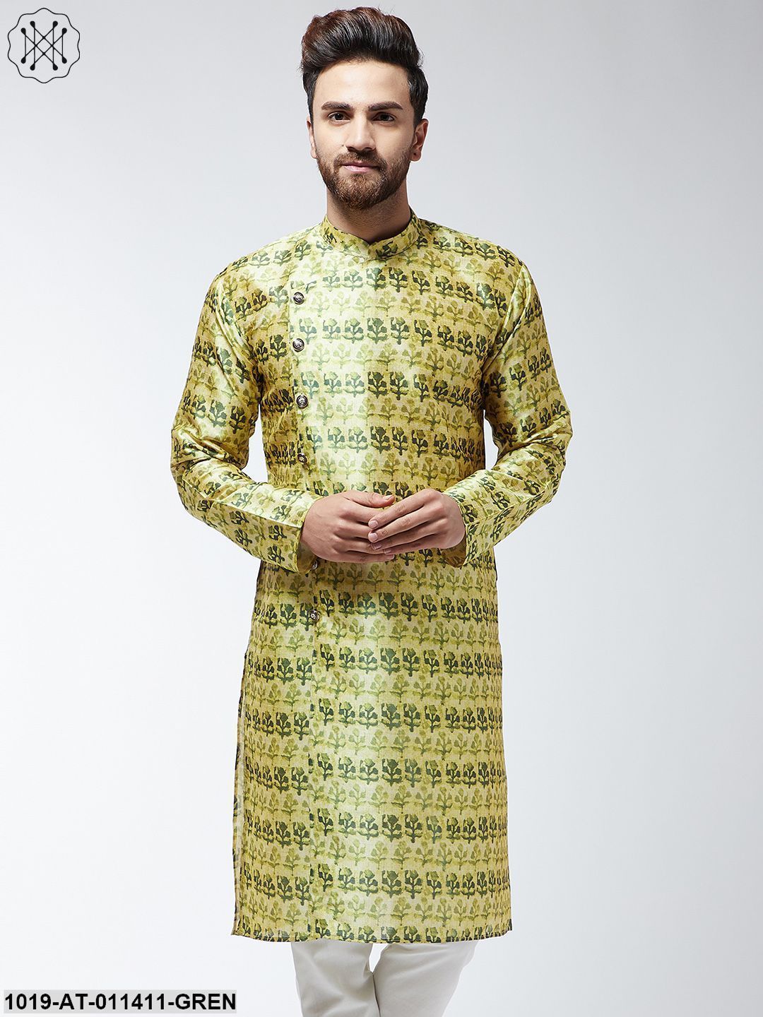 Men's Silk Blend Lime Green Printed Only Long Kurta