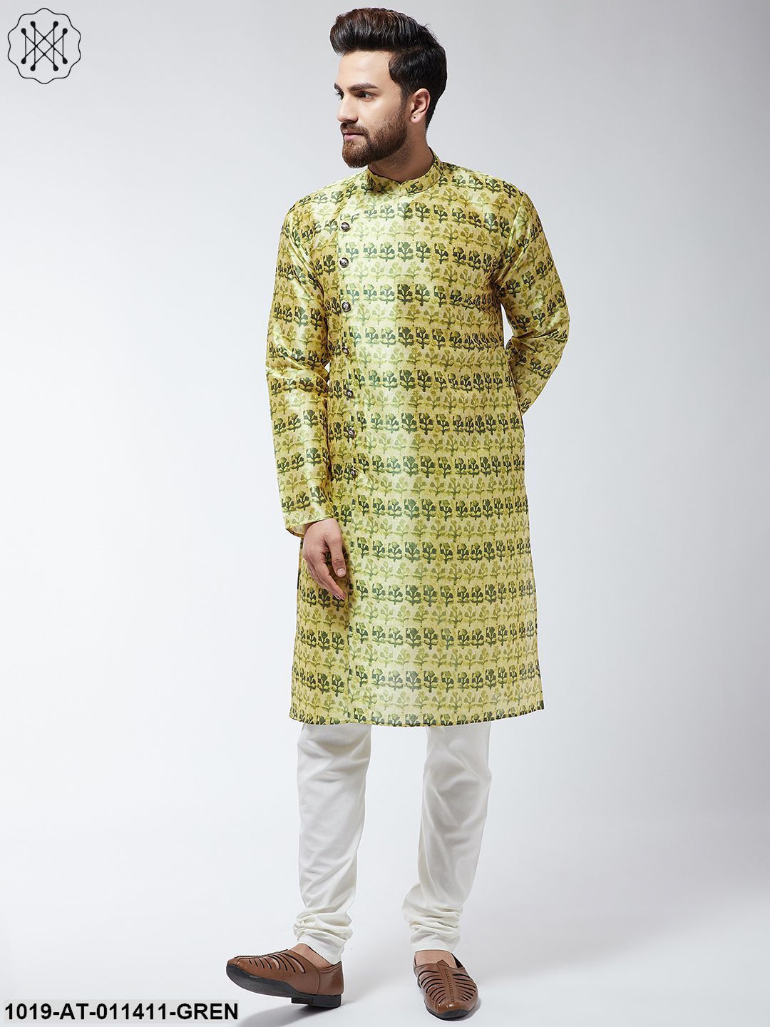 Men's Silk Blend Lime Green Printed Only Long Kurta