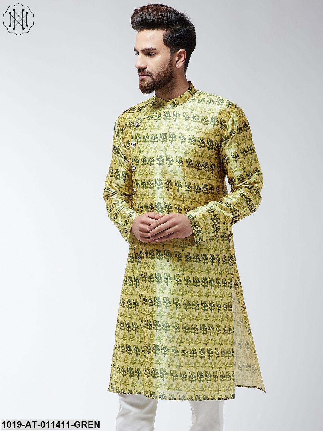 Men's Silk Blend Lime Green Printed Only Long Kurta