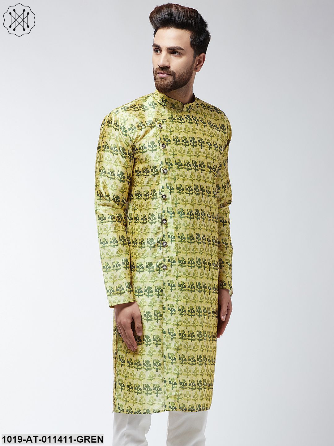 Men's Silk Blend Lime Green Printed Only Long Kurta