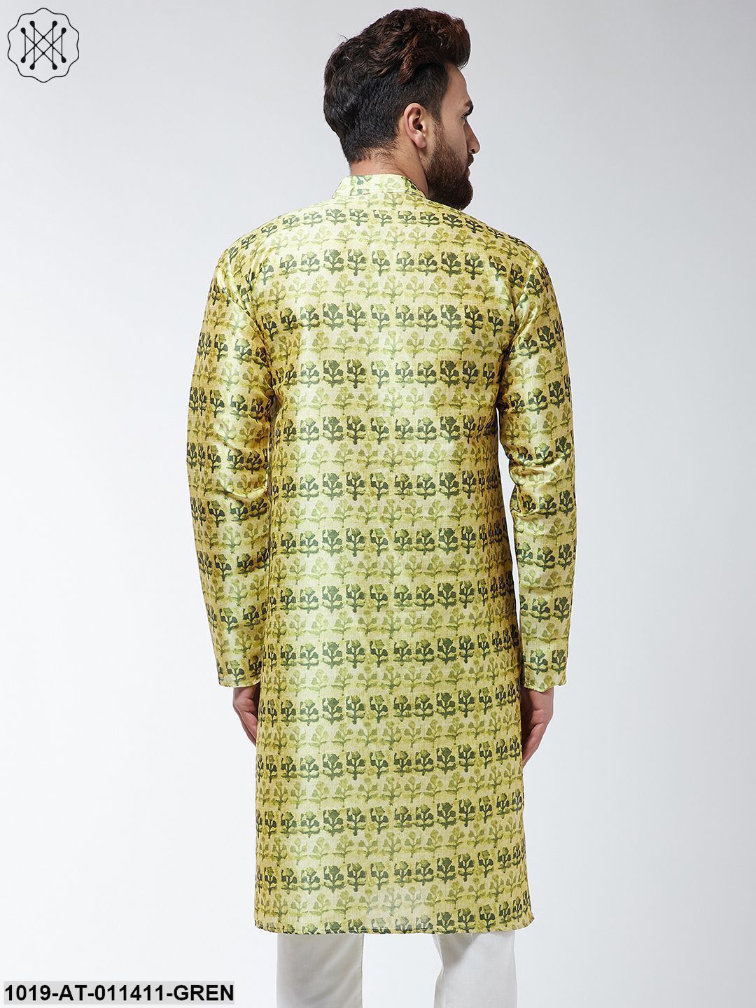 Men's Silk Blend Lime Green Printed Only Long Kurta