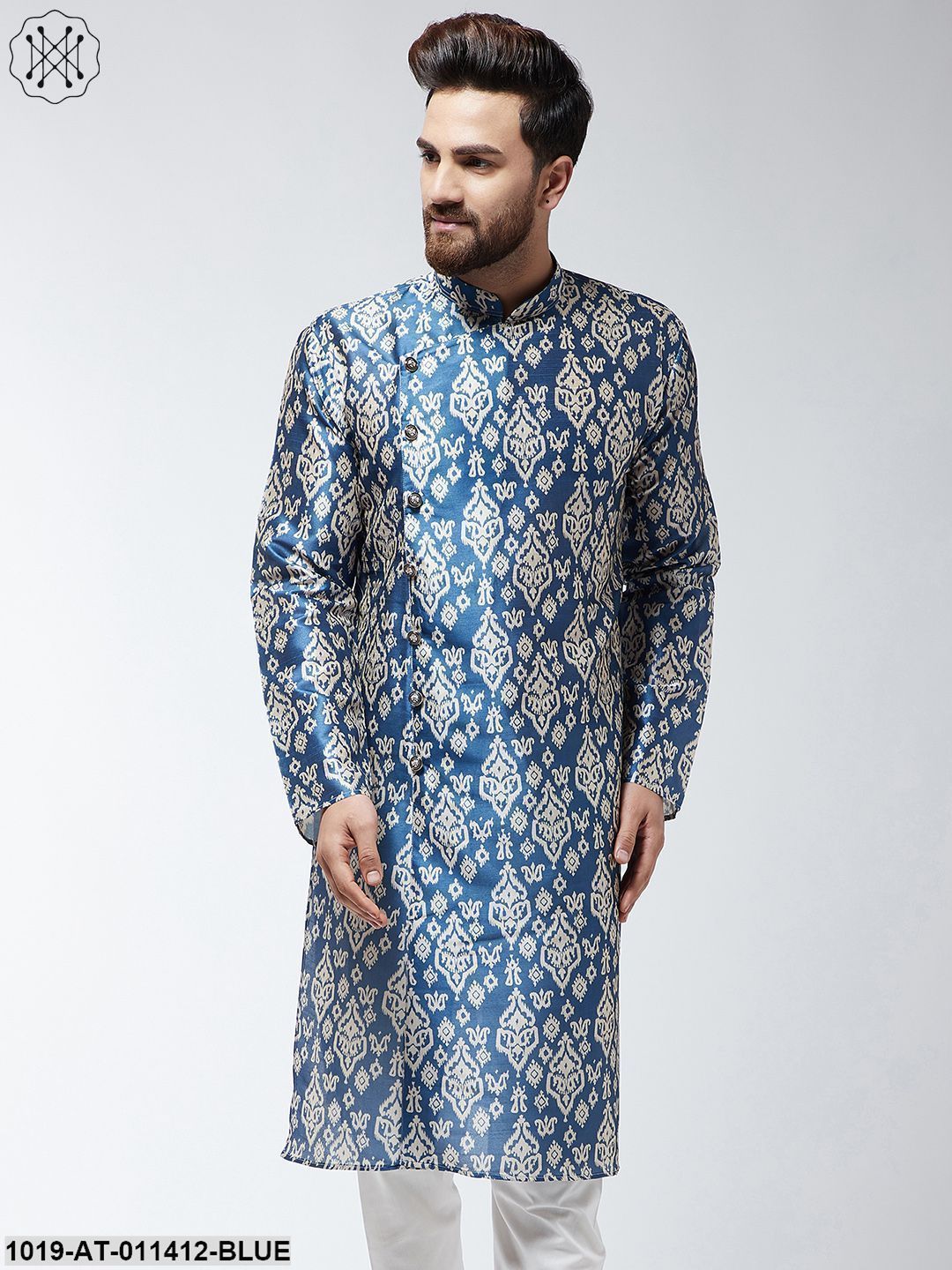 Men's Silk Blend Blue Printed Only Long Kurta