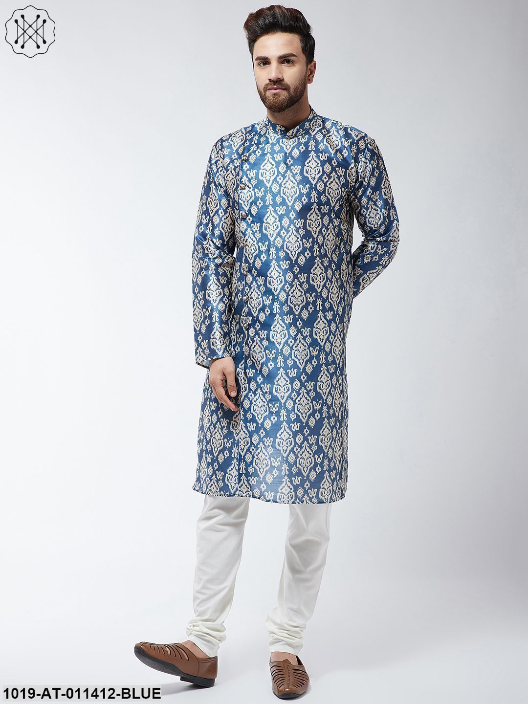 Men's Silk Blend Blue Printed Only Long Kurta