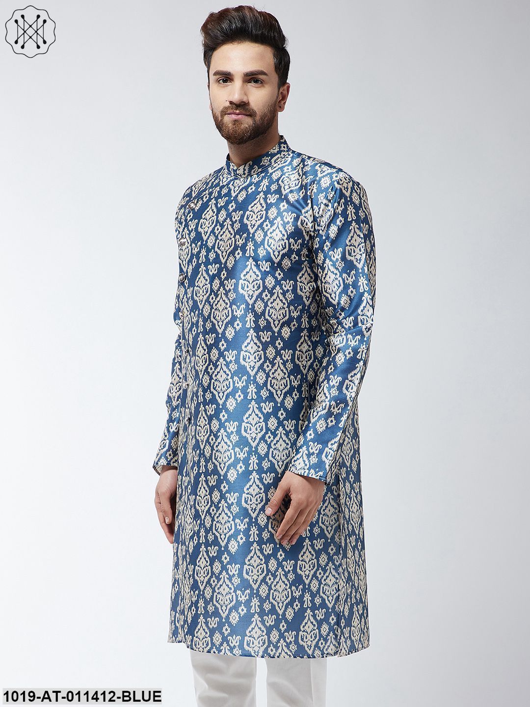 Men's Silk Blend Blue Printed Only Long Kurta