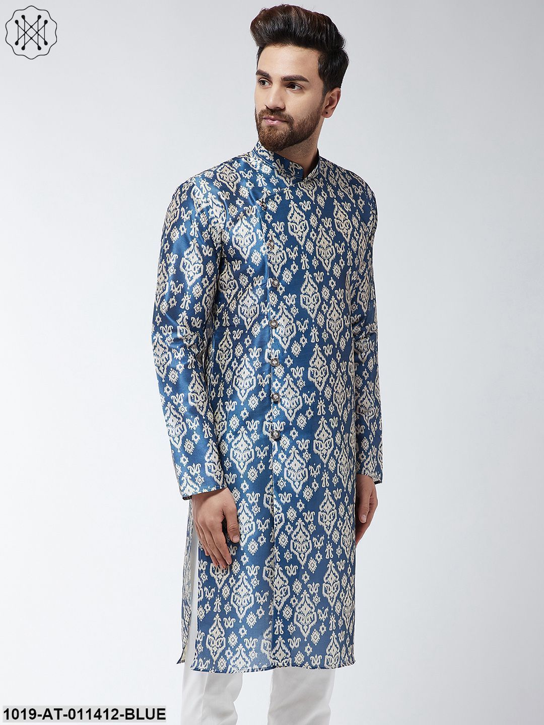 Men's Silk Blend Blue Printed Only Long Kurta